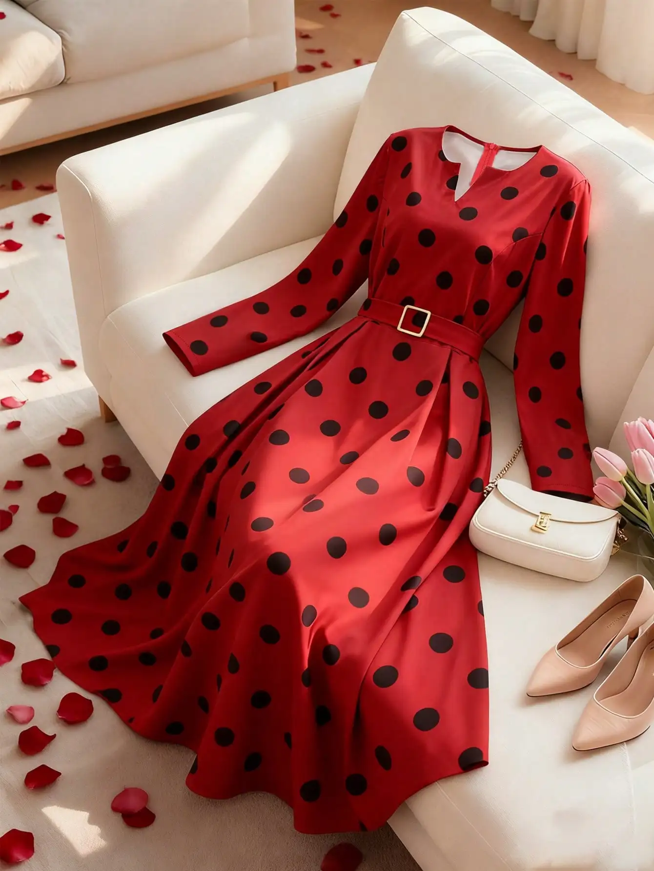 

Красное платье миди в горошек с длинными рукавами, V-образным вырезом и поясом на талии