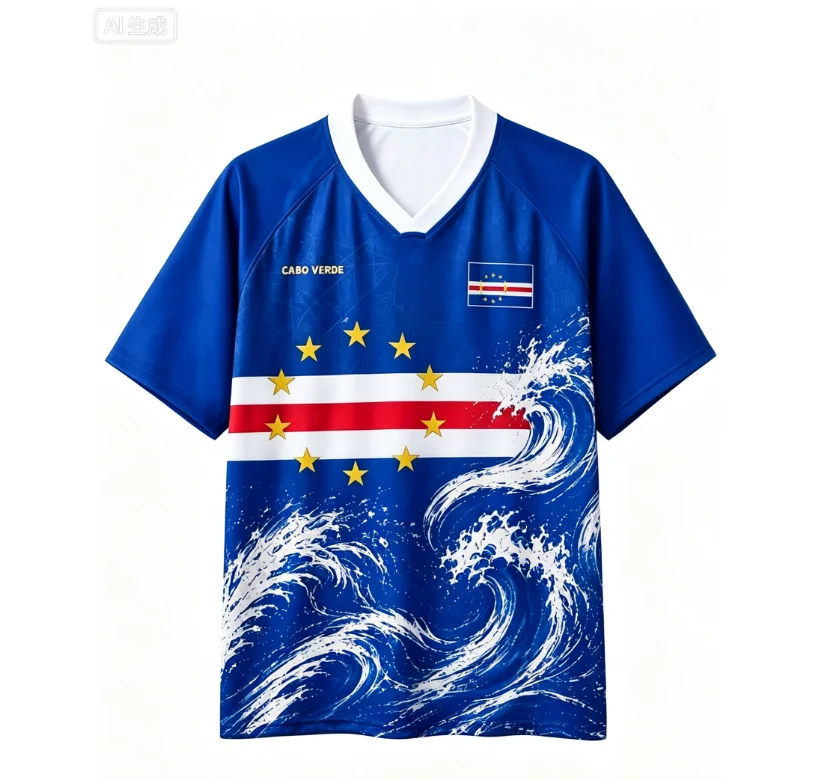 2026 New Y2K Football Jersey Blue Ocean Wave 3D Print Cape Verde National Flag V Neck T-shirt Family Clothing Quick Drying