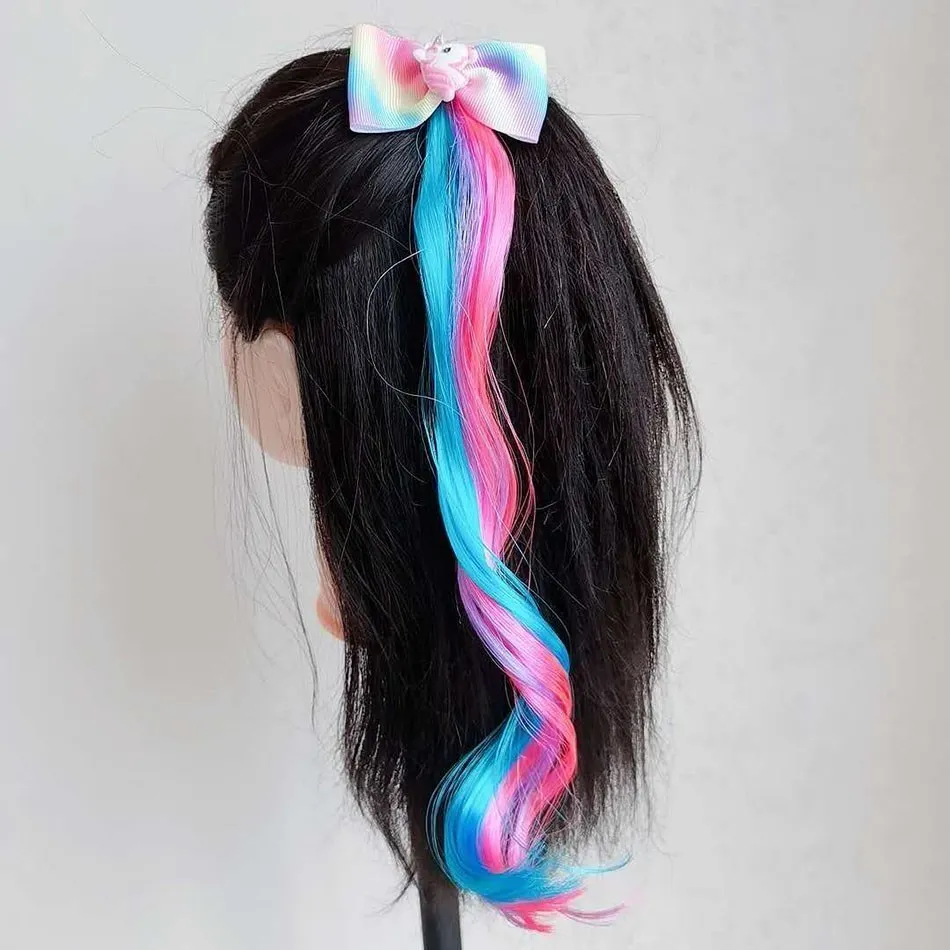 Kids Rainbow Hair Clips Unicorn Hair Extensions for Girls Children Ponytail Holder Baby Princess Barrettes Hair Bow Accessories