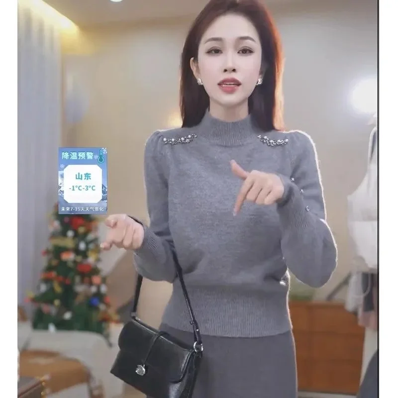 سترة نسائية رمادية شبه سلحفاة وأكمام طويلة سترة جوكر 20226 للربيع والخريف قميص محبوك متقدم جديد قميص دافئ