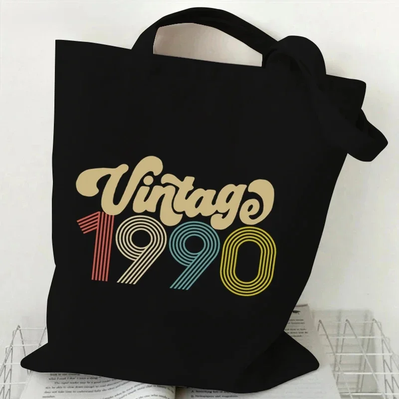 1987 Digital Graphics Handbags Vintage Black Canvas Bag Eco Friendly Foldable Shopping Bag Organizer Large Capacity Shoulder Bag