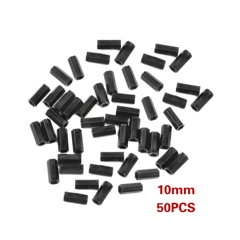 50pcs/set M2 25mm/20mm/15mm/10mm Black Hex Nylon Standoff Spacer Column Flat Head Double Pass Nylon Plastic Spacing Screws Nuts