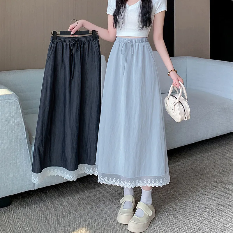 

Harajuku Chic Cottagecore Blue Lace Trim Skirt Elastic Waist Drawstring Casual A-line Cotton Midi Skirt Women Summer Commuted