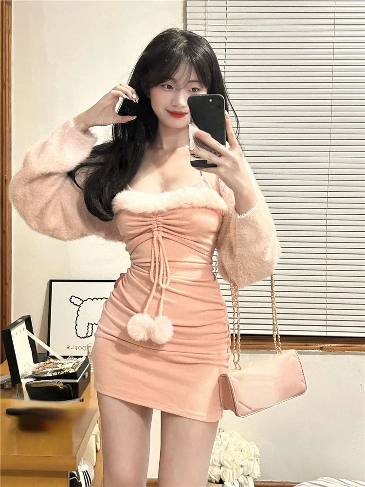 2023 Autumn Slim Bodycon Suit Woman Sleeveless Y2k Mini Dress + Casual Crop Tops Kawaii Pink Set Elegant Korean Fashion Clothing