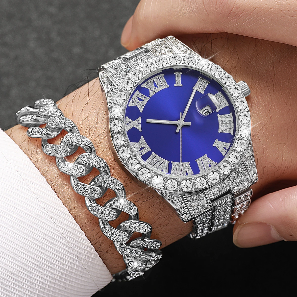 3PCS Luxury Full Diamond Men Quartz Watch Set with Necklace
