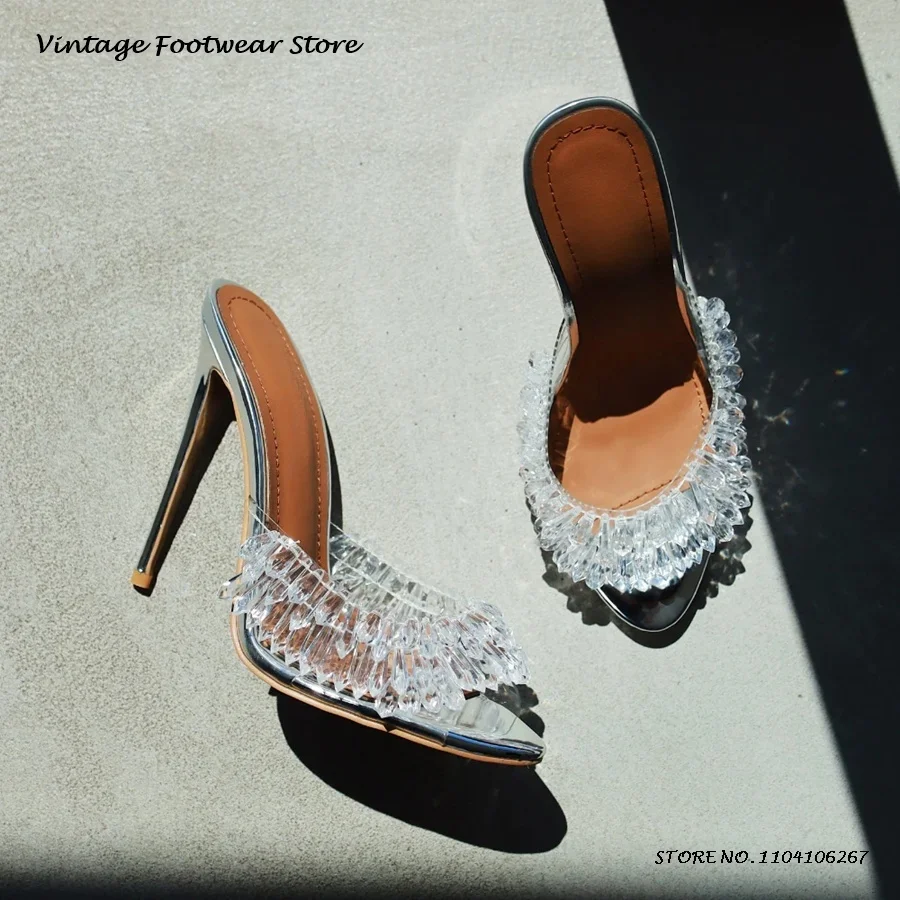 

Cascading Beaded Embellished Mules Elegant Round Open Toe Thin High Heels Women's Shoes Summer Party Dress Pull On Slippers