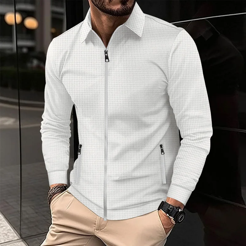 

2025 Autumn Slim Fit Men's Cardigan Jacket Flip Collar Waffle Design Long Sleeve Sportswear with Zipper Pocket Comfortable
