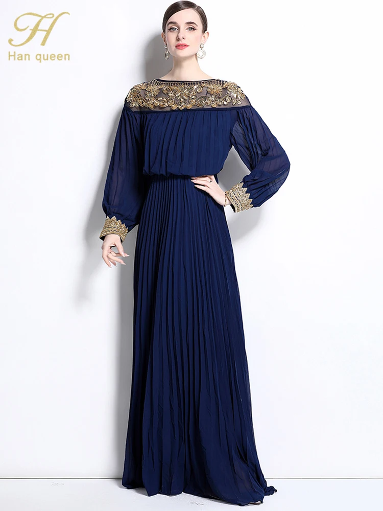

H Han Queen New Summer Robe Elegant Embroidery Beading Maxi Dress Fashion Pleats Luxury Chic Evening Party Dresses Woman Clothes