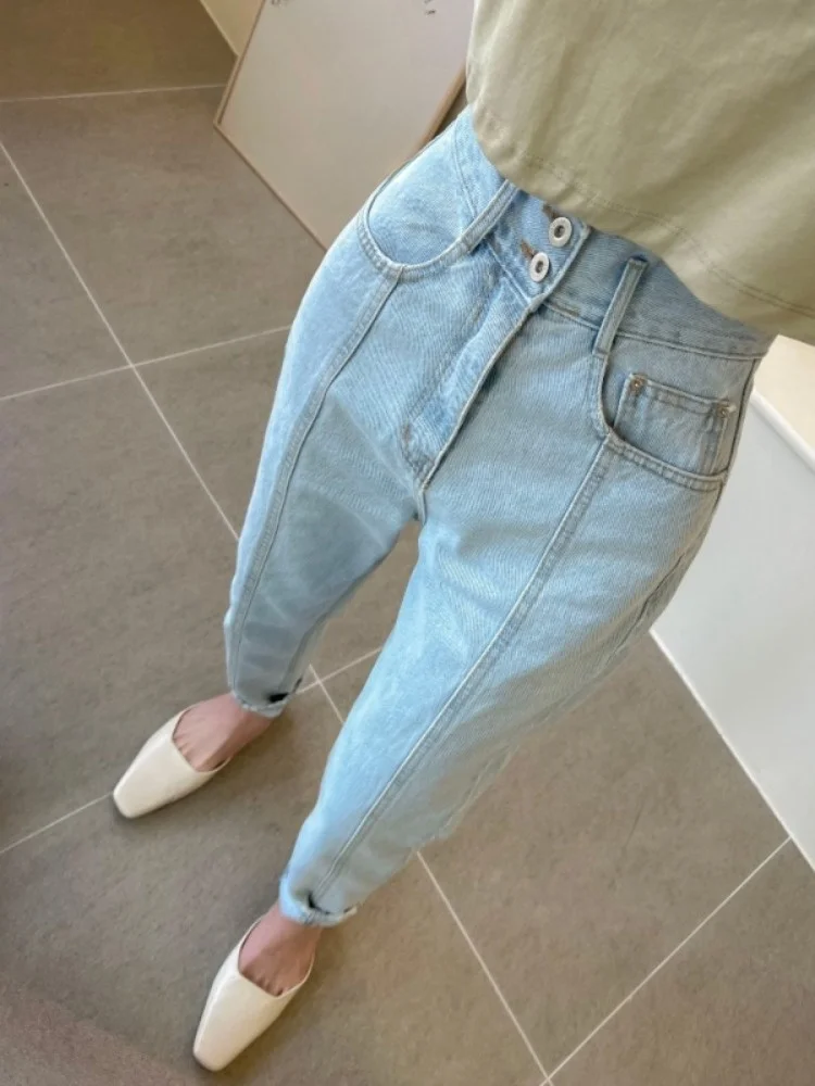 

Chic High Waist Retro Summer Casual ket Design Double Button Slim Fit Jeans Women's Faionable Comfortable Denim Trousers