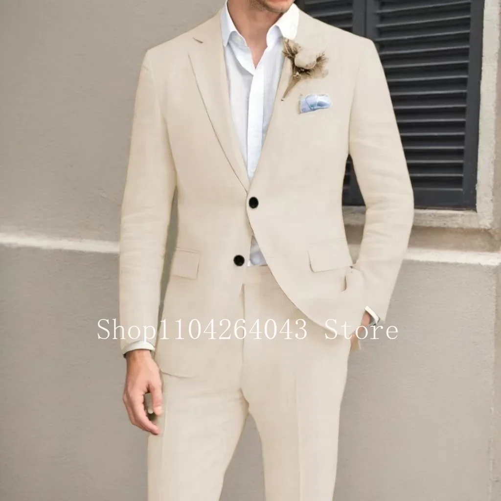 

Men's High-Quality Linen Suits Notched Lapel 2-Piece Blazer And Pants Lightweight Summer Business Casual Beach Tuxedo Set