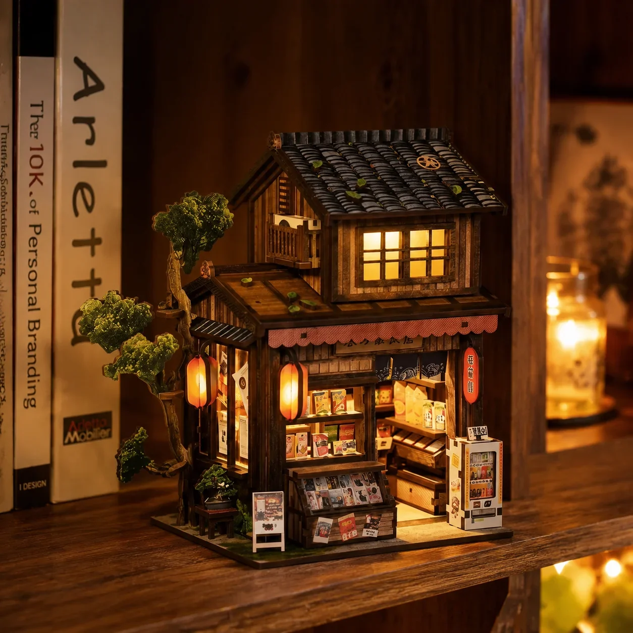 Japan Style DIY Wooden Book Nook Kit 3D Miniature Dollhouse Puzzle Bookshelf Insert Decor Gift for Adults