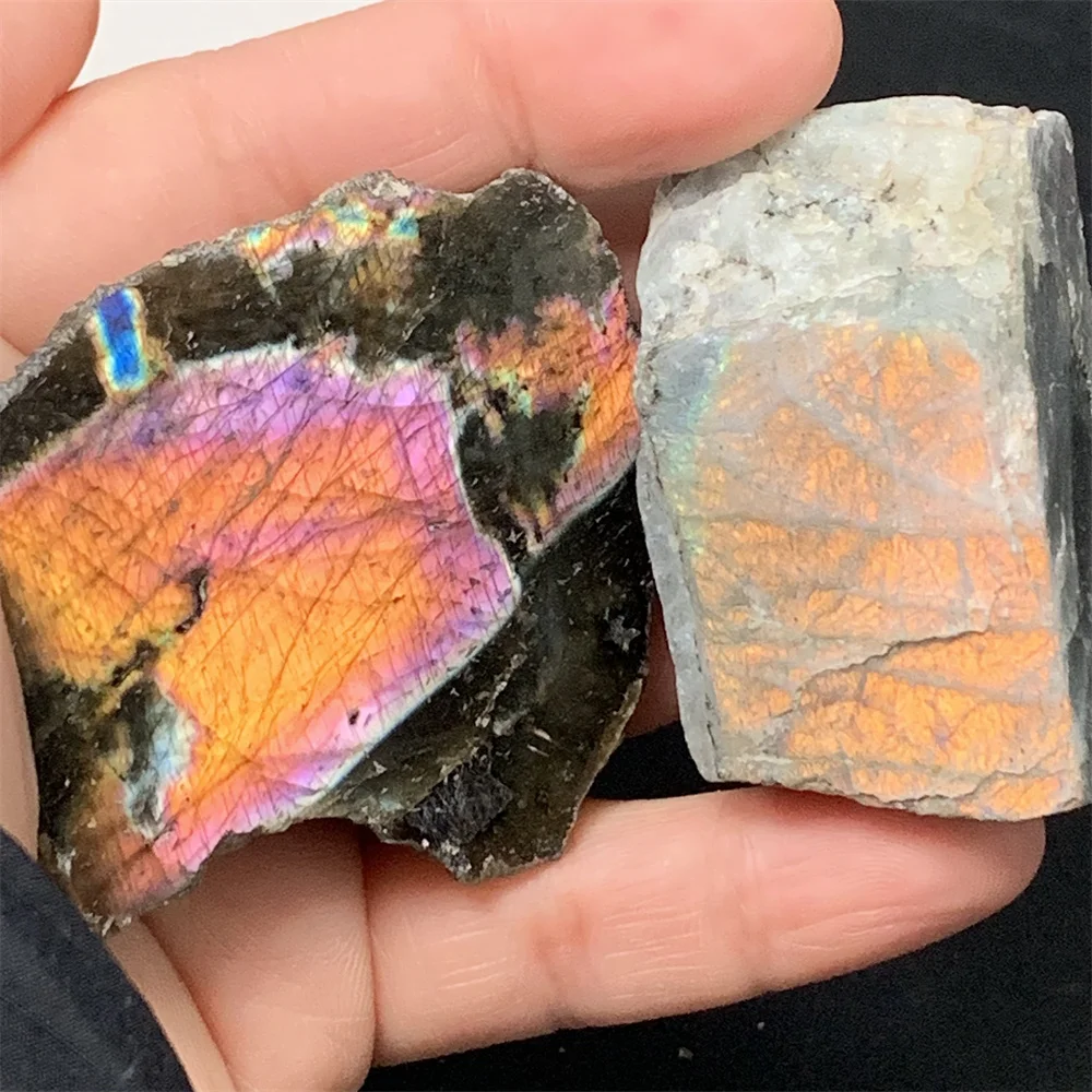 2PCS Sliced Natural Sweety Pink Orange Light Labradorite Ornaments Blue Yellow Purple Light Labradorite Specimen Block Heal Bead