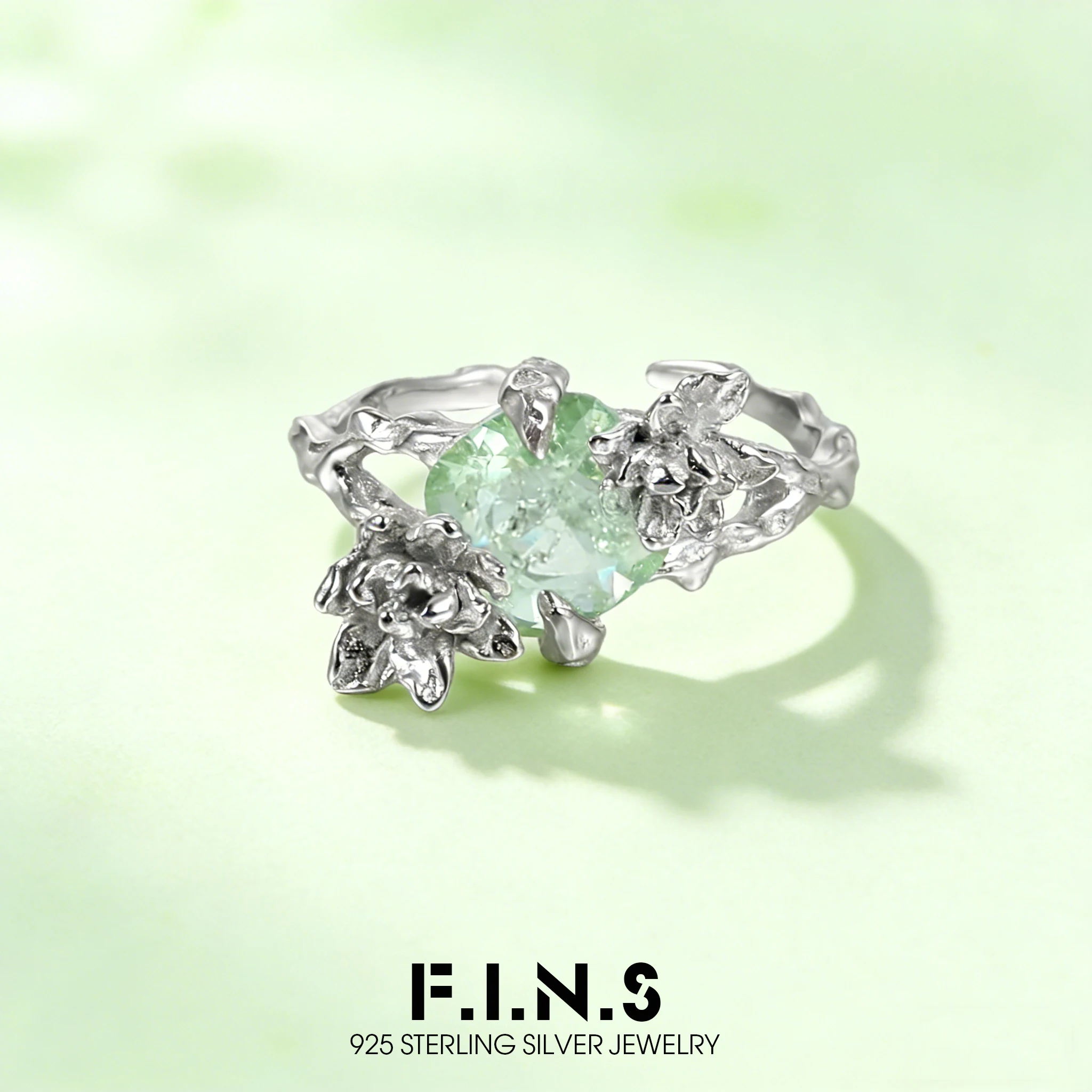 

F.I.N.S Original S925 Sterling Silver Ring Jasmine Green Zircon Retro Old Flower Open Adjustable Finger Fine Jewelry Accessories