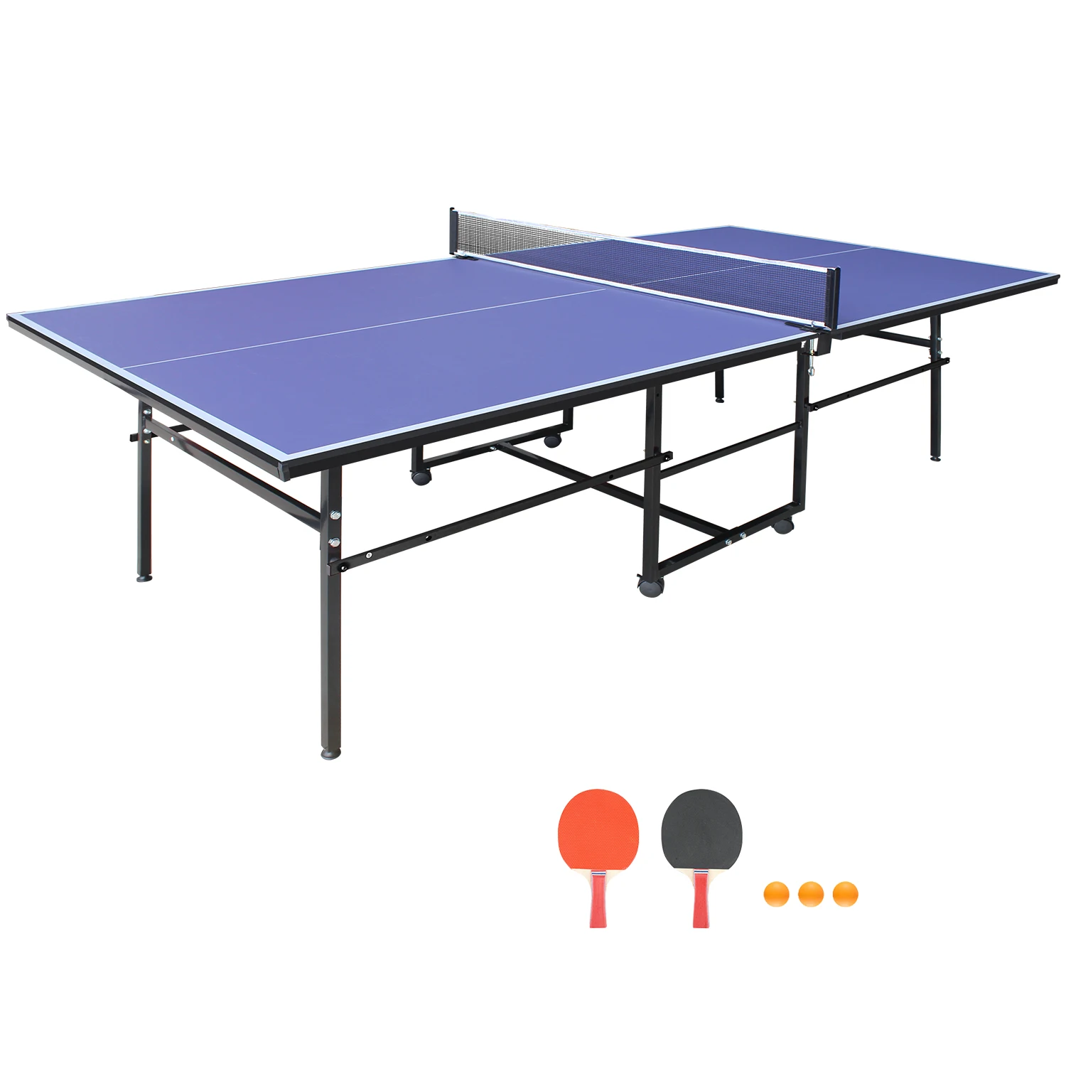 

9 x 4.1 ft Blue Foldable Table Tennis Table Set, Portable Ping Pong Table with Net, 2 Paddles and 3 Balls