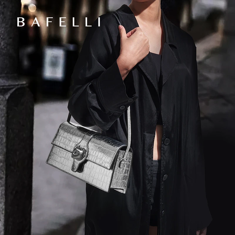 BAFELLI 2025 NEW WOMEN'S LUXURY BAGS CAT BRAND FASHION HANDBAG SILVER LEATHER CLUTCH STYLISH EVENING CASUAL PURSE HIGH QUALITY