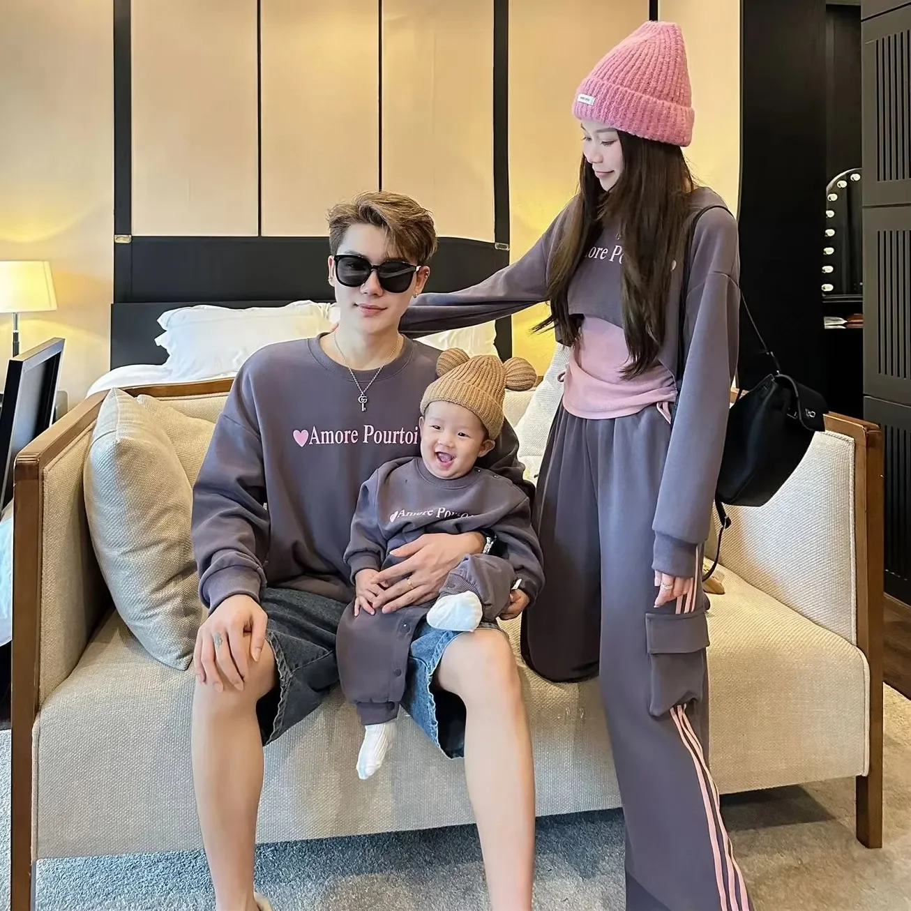 Family Matching Clothing Sweatshirts Baby Romper Women Outfits Mom Girls Suits Korean Mother Daughter Three-Piece Set Father Son