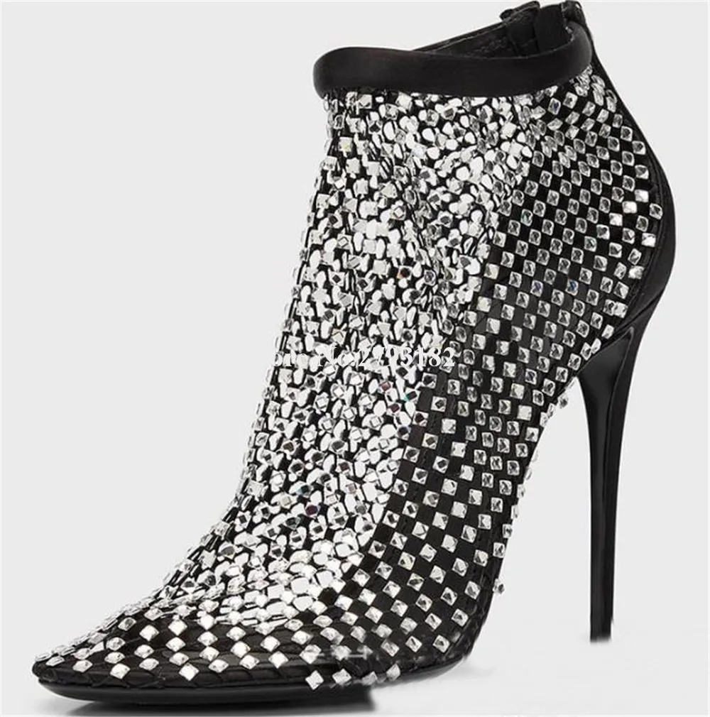 Black Shining Rhinestones Mesh Stiletto Heel Short Boots Pointed Toe Crystals Thin Heel Ankle Booties Party Dress Heels