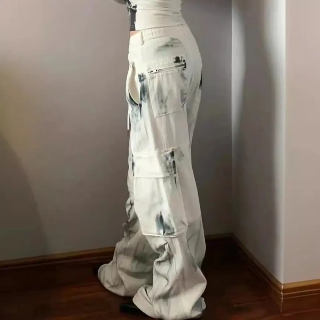 

Women's American Style plus Size Washed Tie-Dye Multi-Pocket Straight Jeans Loose Wide-Leg Long Pants Street Style