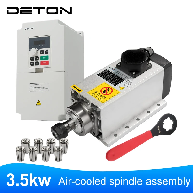 CNC 3.5KW 220V 18000RPM 300Hz flanged air-cooled spindle set with DETON frequency converter and ER20 chuck wrench