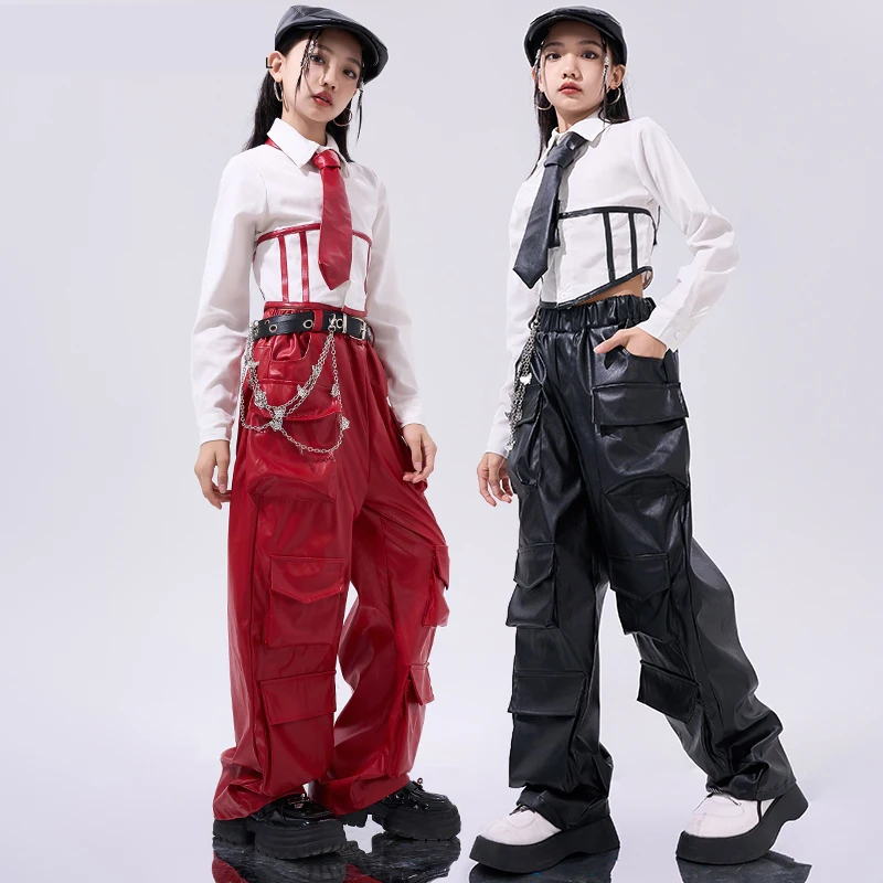 JK Style Jazz Dance Costume Girls Navel Tops Leather Pants Kids Hip Hop Suit Performance Competition Clothing Stage Wear BL13721