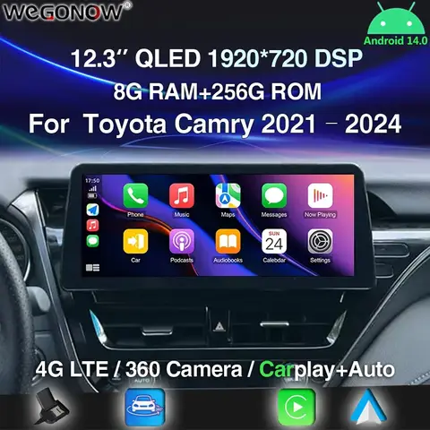 360 카메라 카플레이 12.3 인치, 안드로이드 14.0, 8GB + 256GB, 자동차 DVD 플레이어, DSP GPS 와이파이 블루투스 라디오, 도요타 캠리 2021-2024, 4G LTE