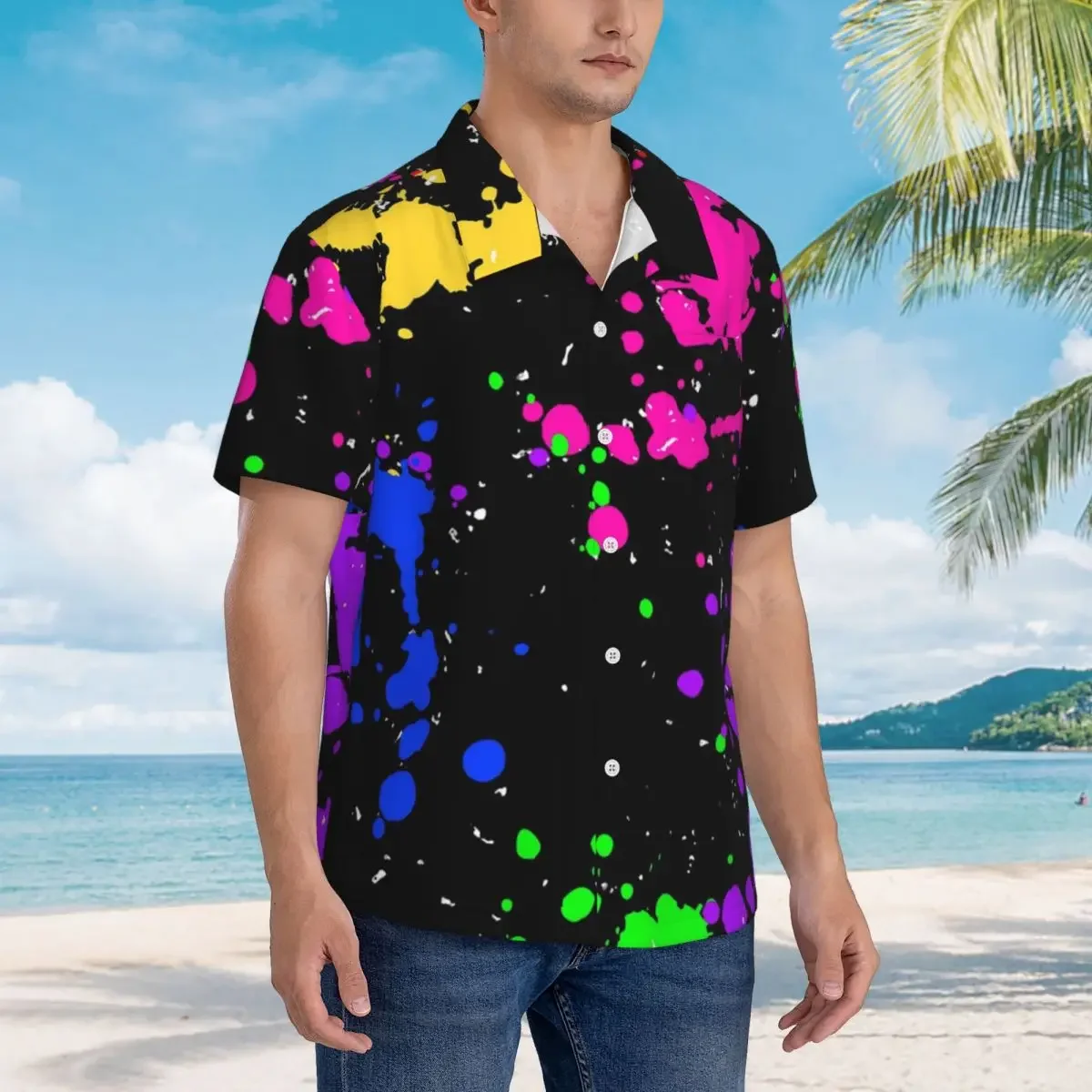 Colorful Graffiti Splatter Print Hawaiian Shirts Fashion Men Short Sleeve Shirt for Summer Beach Men's Lapel Tops