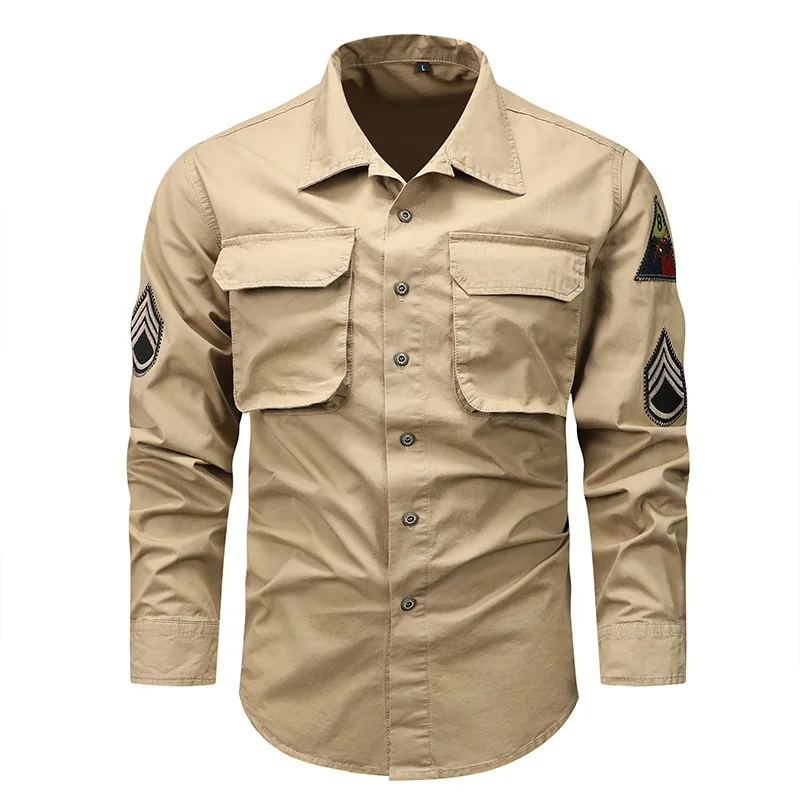 Men Outdoor Long Sleeved Cargo Shirts High Quality Man Multi Pockets Loose Tooling Shirts New Spring Male Cotton Shirts Size 5XL