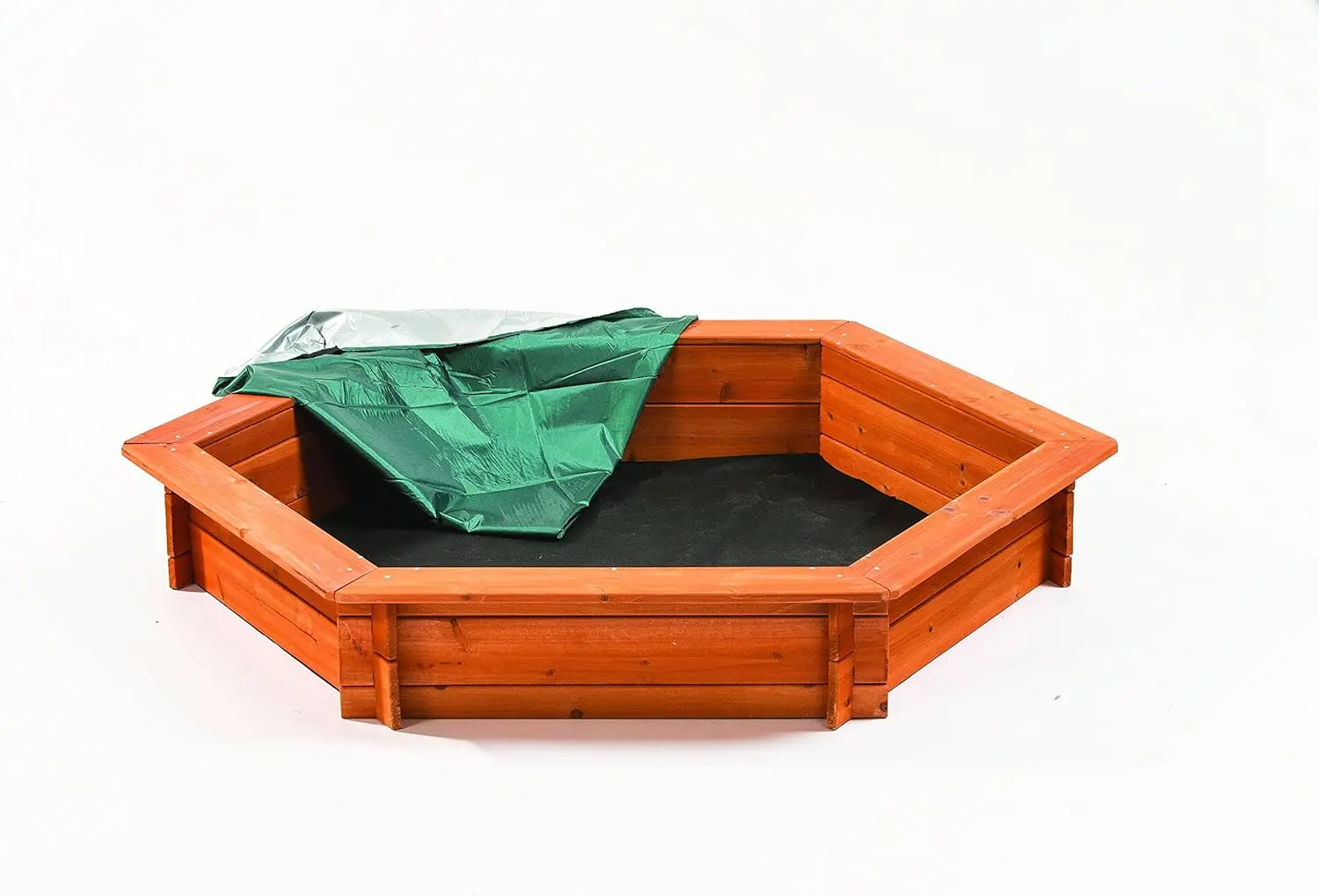 Hexagon Wooden Sandbox w Seat Boards | Eco-Friendly Cover & Ground Liner | 59" x 51" x 9" | 3/4" Cedar Boards | Easy DIY Assembl