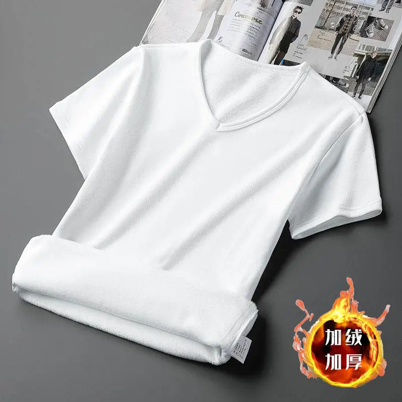 Plus Velvet Thickening short Sleeve Men T-Shirt V-neck Soft Warm Bottoming Shirt Warm Clothes Fleece-lined Slim Underwear Bottom