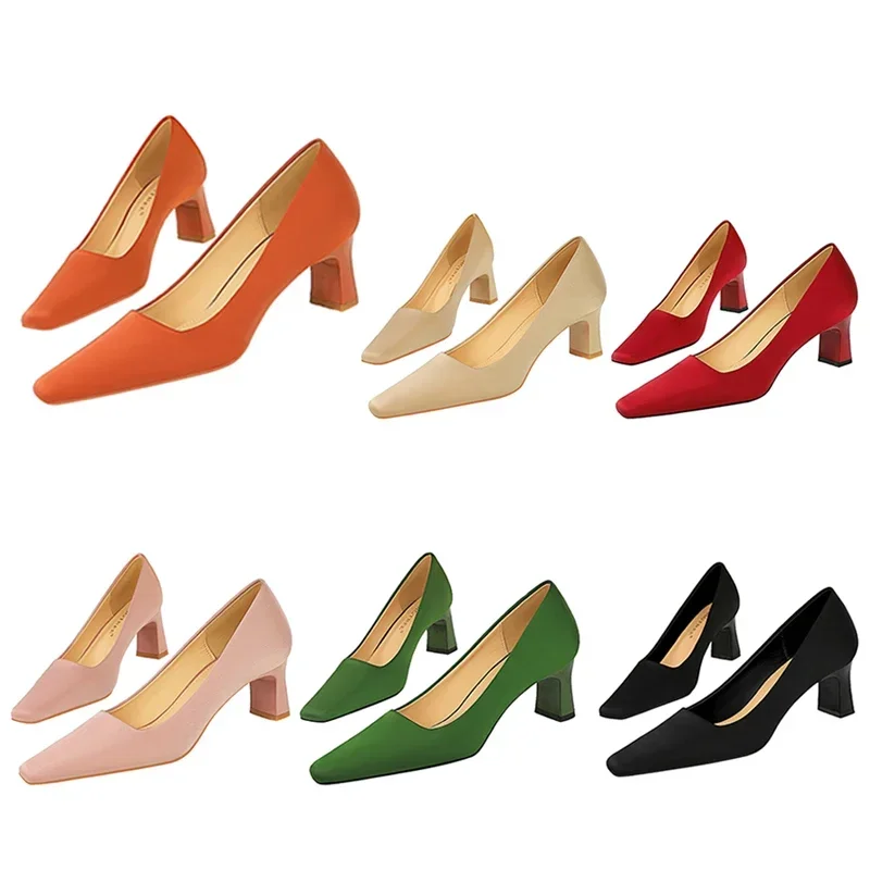 New Women Korean Style 6cm Block High Heels Daily Versatile Pumps Lady Elegant Wedding Low Heels Prom Green Wine-red Satin Shoes