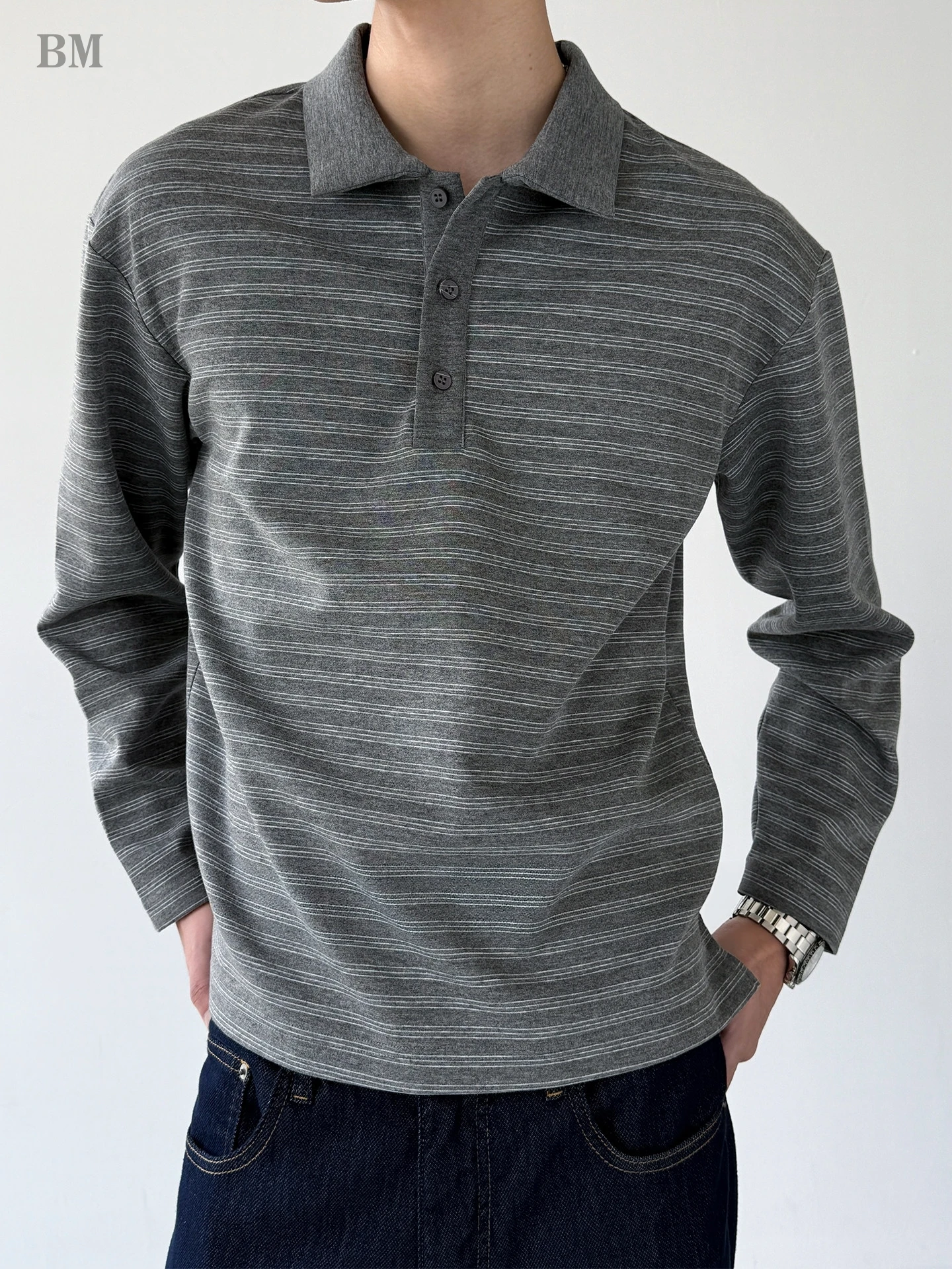 Mens Long Sleeve Polo Shirt Striped Collar Vintage American Streetwear Loose Heavyweight Trendy Casual High Quality Autumn