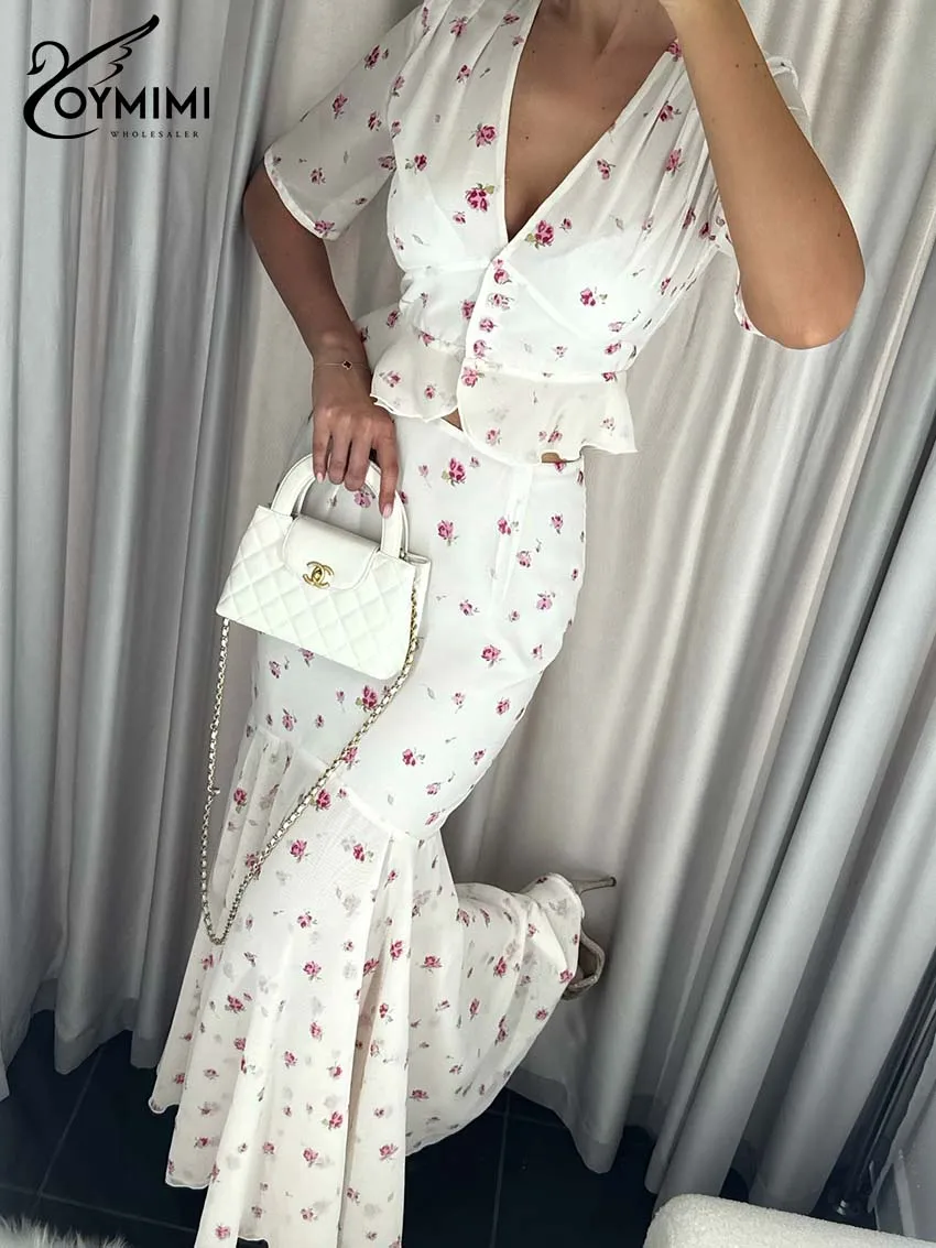 Oymimi Women's White Floral Chiffon 2-Piece Set 2026 Spring V-Neck Crop Top Mermaid Maxi Skirts Romantic Sexy Elegant Outfit