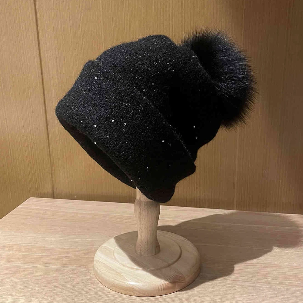 

Hat Wool Women Winter Knit Beanie Bling Real Fox Fur Pompom Autumn Warm Accessory For Cold Weather Sport Outdoor Holiday Luxury