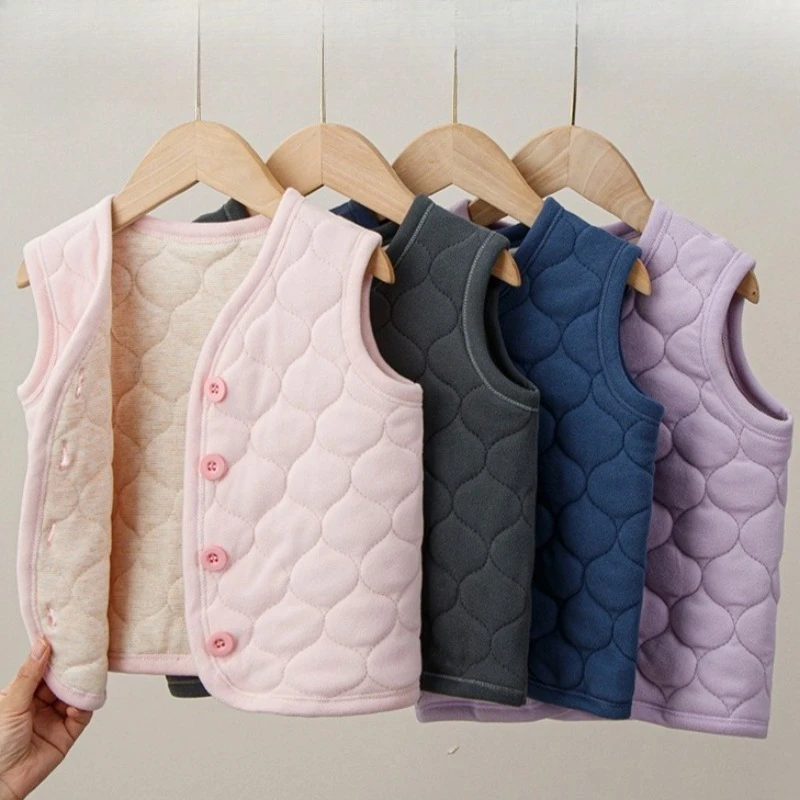 Children's Vest Autumn Winter Boys Girls Solid Color Thick Warm Cardigan Student Base Shirt Underwear Jacket Baby Vest Clothing