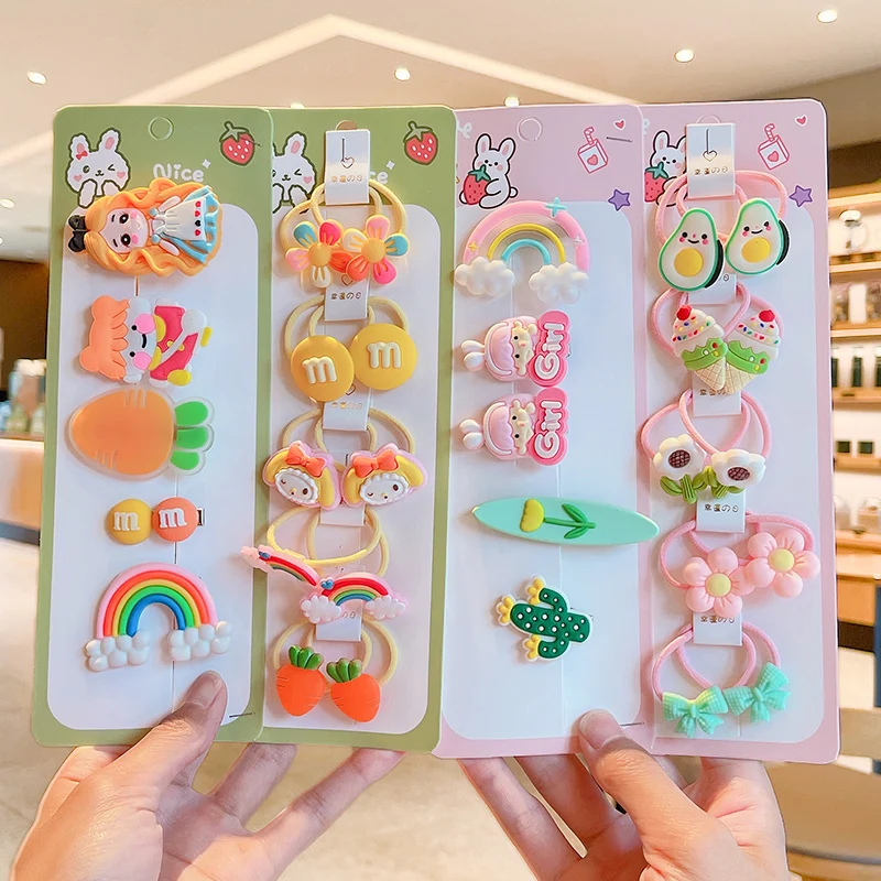 15 Pcs/Set Children Cute Cartoon Flower Bow Scrucnhies Rubber Bands Hairpins Girls Sweet Elastic Hair Bands Kid Hair Accessories