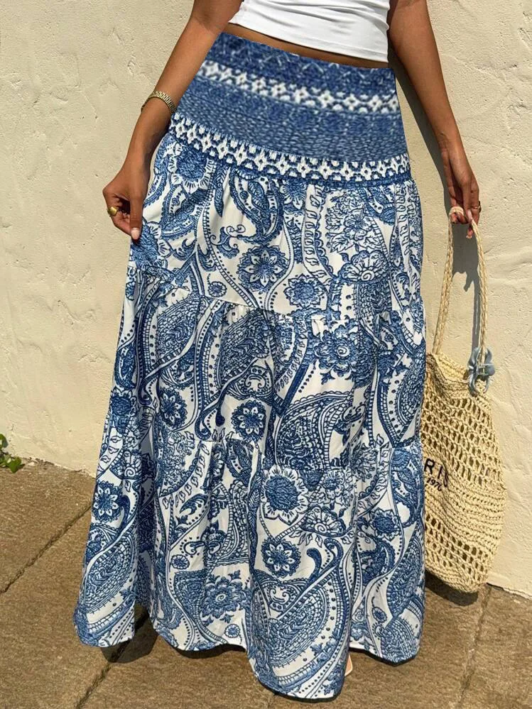 Vacation Printed Half Skirt European and American Casual Printed Long Skirt Ladies Outdoor Travel Wear