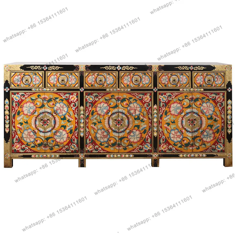 PG new Chinese hand-painted Tibetan side cabinet antique painted solid wood multi-layer storage cabinet