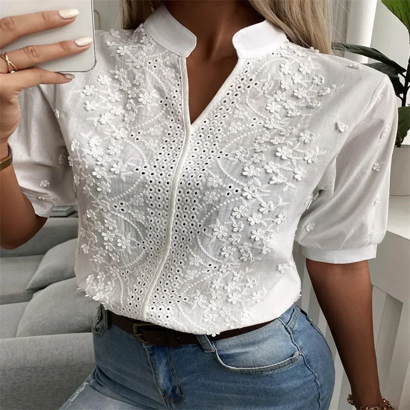 

Chic Hollow-out Embroidery White Cotton Shirt Floral Patterns Decoration V Neck Casual Lace Blouse Half Puff Sleeved Tops Women