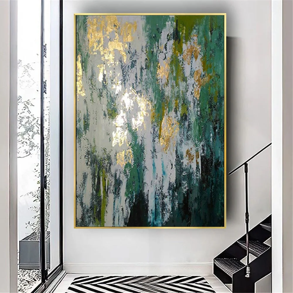 

Modern Canvas Poster Decor Living Room Pure Hand-Painted Abstract Oil Painting Gold And Green Wall Pictures Home Decorate Art