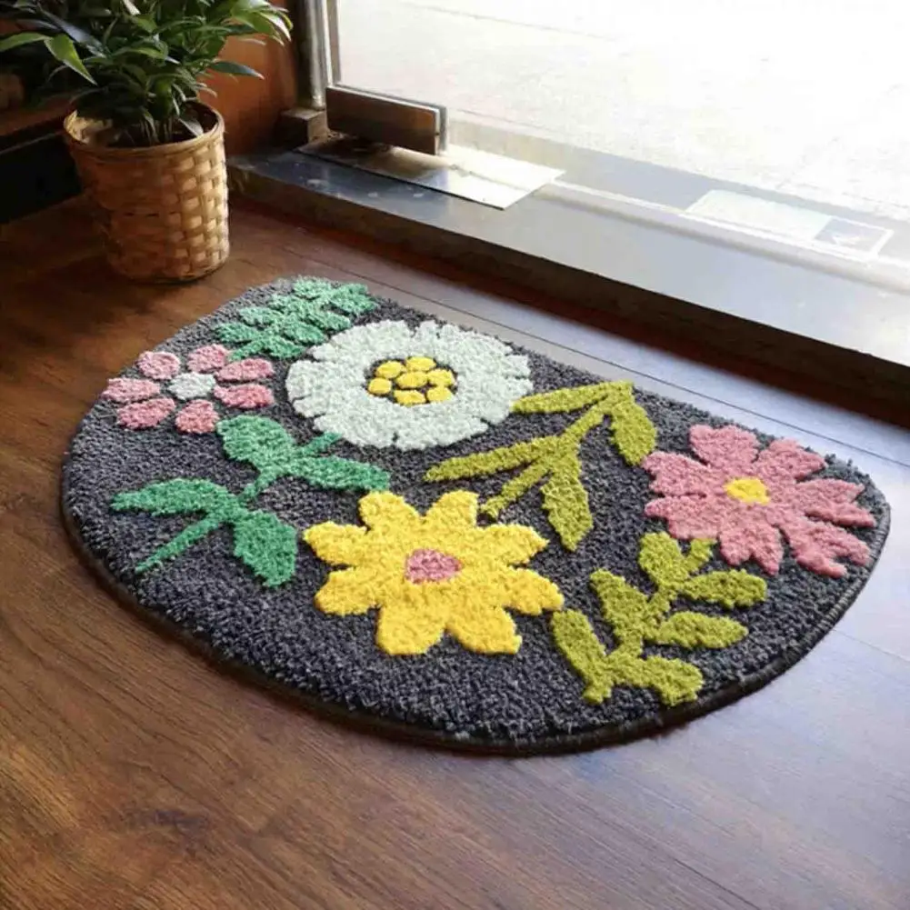 Flower Bath Mat Semicircle Boho Flower Cartoon Panda Pattern Washable Floor & Door Mat Water Absorption Non-slip Door Carpet