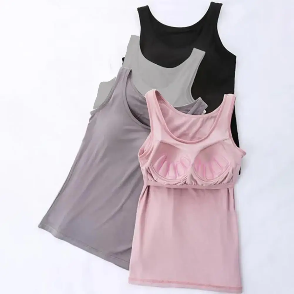 

Casual Solid Color Bottoming Vest O-Neck Sleeveless Tops Wire Free Women Elastic Camisole with Bra Pads Simple Fitness T-shirt