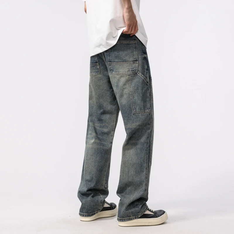 الرجال الربيع فضفاض واسعة الساق الجينز شارع العليا الرجعية مستقيم عارضة الرجال الجينز الرجال السراويل الطويلة