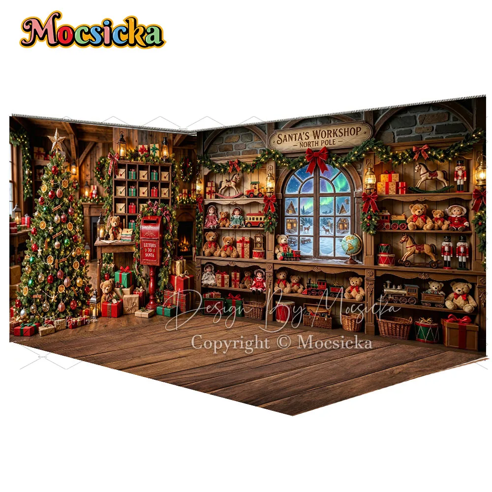 Mocsicka Weihnachts-Weihnachtsmann-Werkstatt-Hintergrund für Fotografie, Nordpol-Ecke, Spielzeugbär, Geschenk-Hintergrund, Kinder- und Familien-Feiertags-Fotokabine