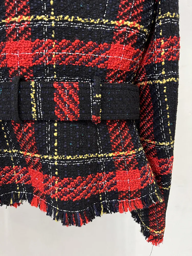 Slim Fit Women's Jacket Long Sleeve Plaid Suit Belted Waistline Celebrity Fashion Checkered Knitwear Elegant Commute Style