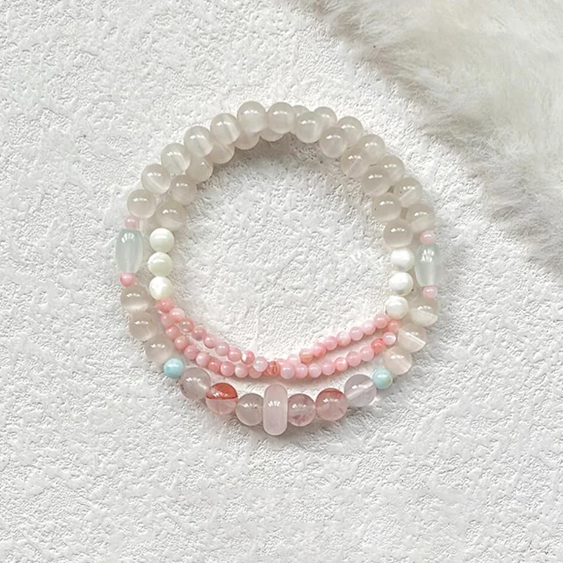 Peach Blossom Rose Quartz Shell Pearl Double Wrap Bracelet Chinese Style Red Resin Flower Beaded Bracelet Lucky Fortune Blessing