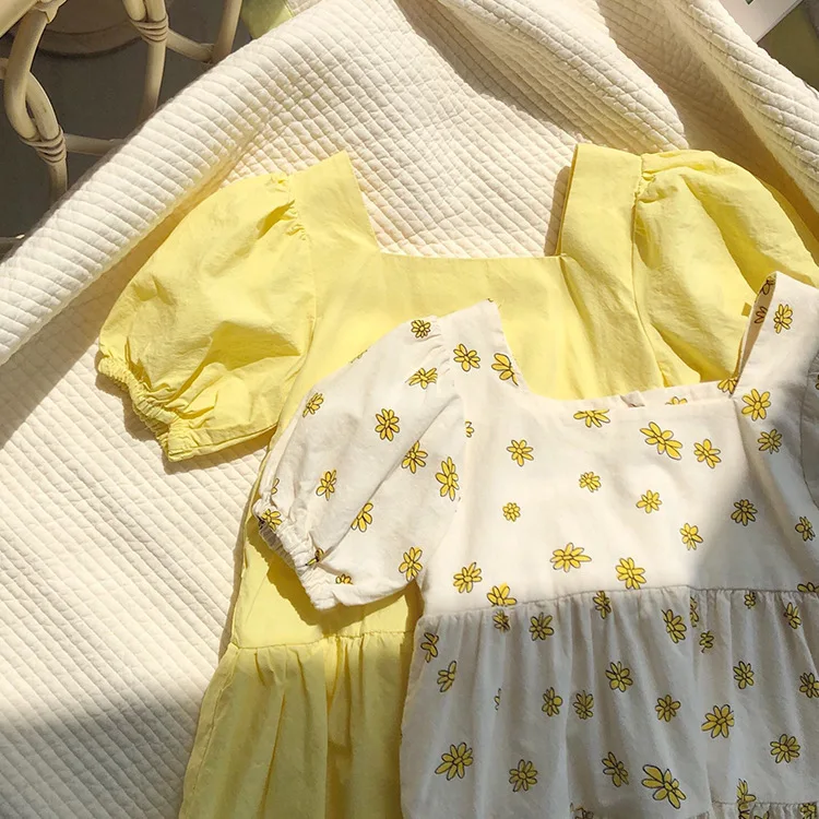 korean-style-summer-new-retro-sweet-countryside-style-square-collar-bubble-sleeve-parent-child-dress-for-little-girls-cotton