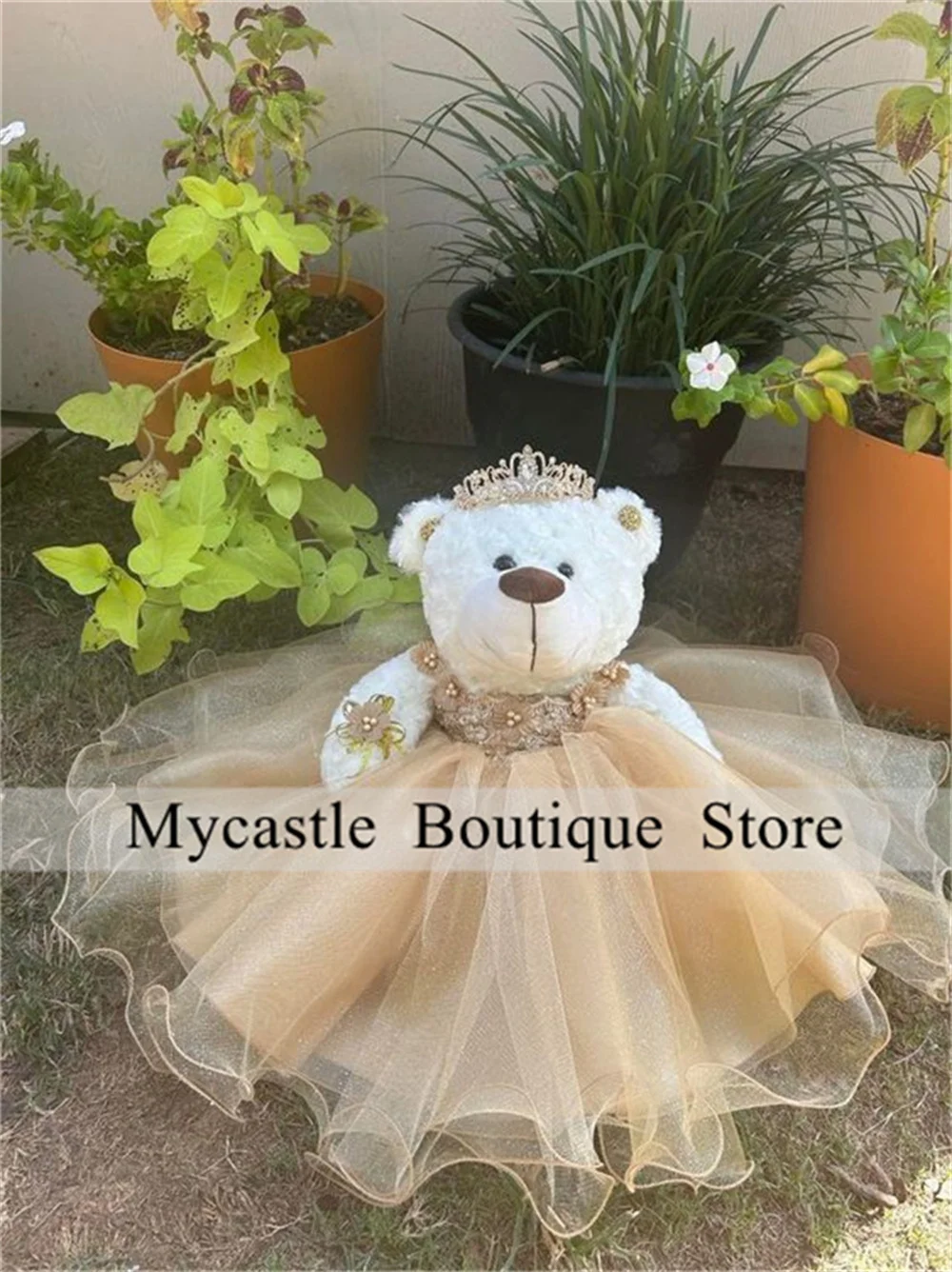 

Champagne Tulle Beaded Quinceanera Teddy Bear Dress Appliques Mini Quinceanera Dress