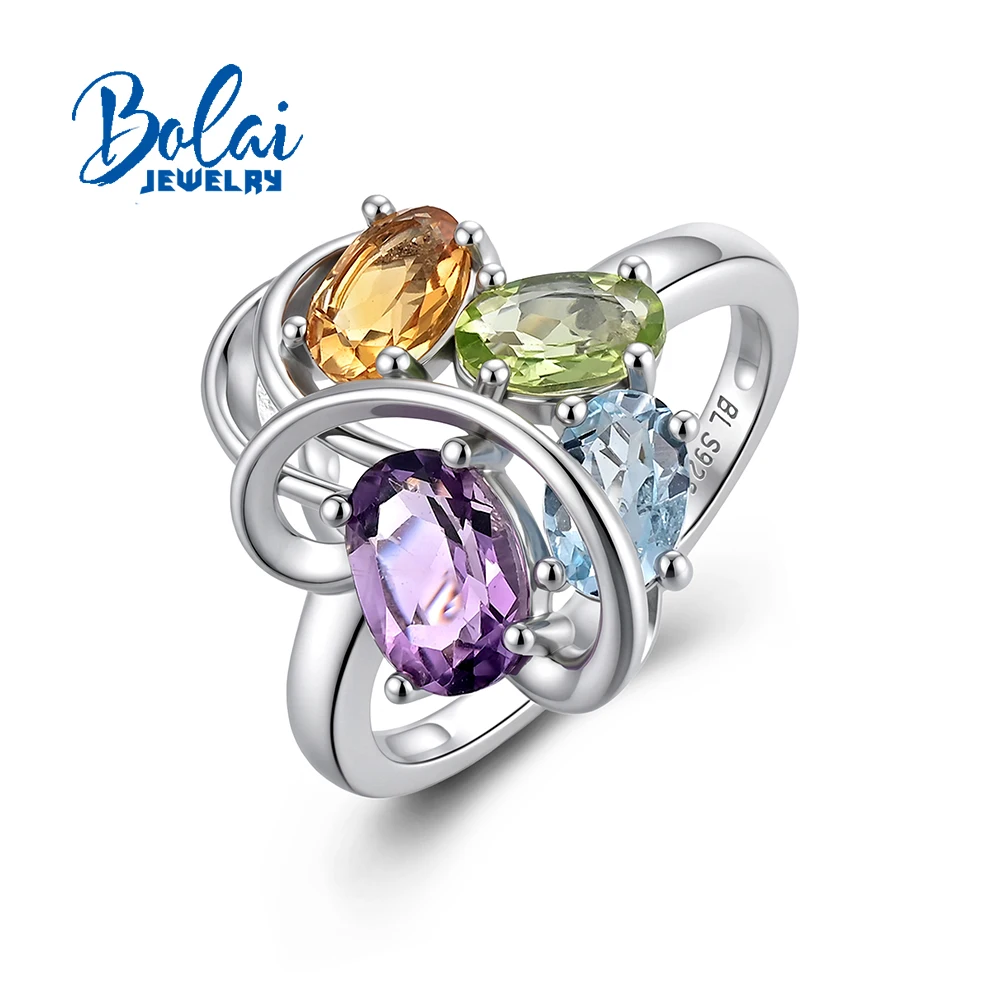 925 Sterling Silver Ring Natural Amethyst, Sky, Peridot, Citrine Fine Jewelry for Women's Anniversary and Engagement Gift