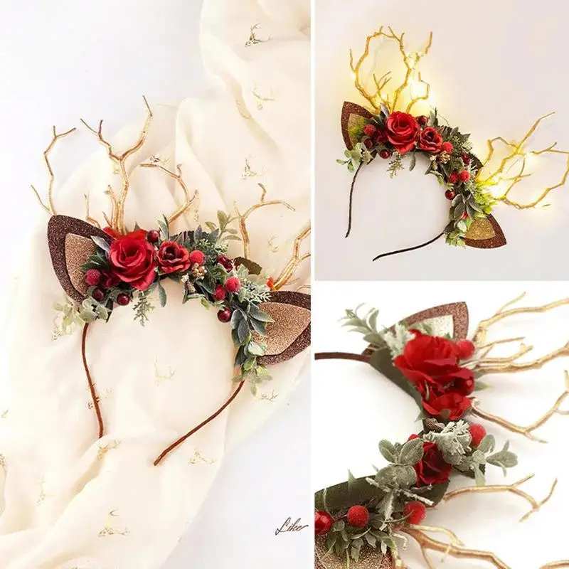 Cute Christmas Reindeer Headband Universal Creative Artificial Deer Horn Tree Branch Flower Hair Hoop for Christmas Party Girls