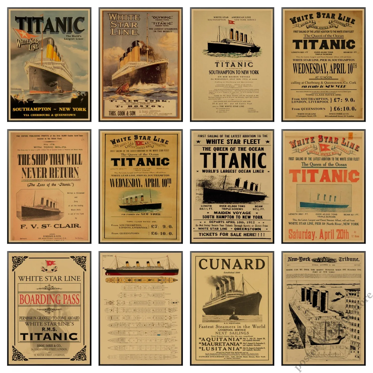 The New York Times Titanic Shipwreck Old Newspaper ,steamer ticket ,Retro Kraft Paper Poster Wall Decorative Paintings